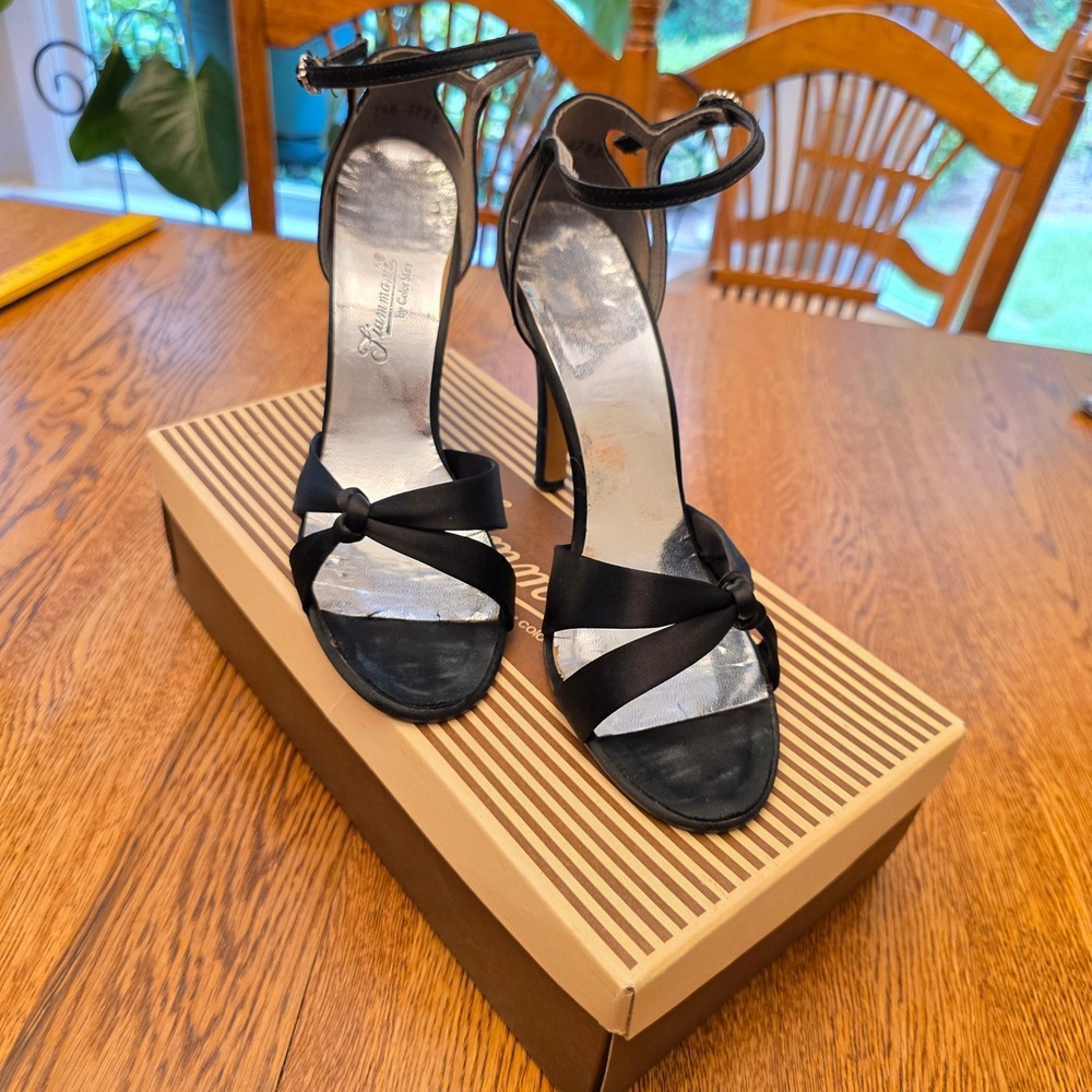Fiammante Ankle Strap Black Satin Evening Sandals Rhinestone Buckle 7.5N Formal